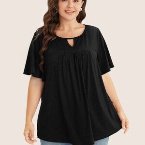 BloomChic Plain Ruffle Sleeve Keyhole Gathered Crew Neck T-shirt